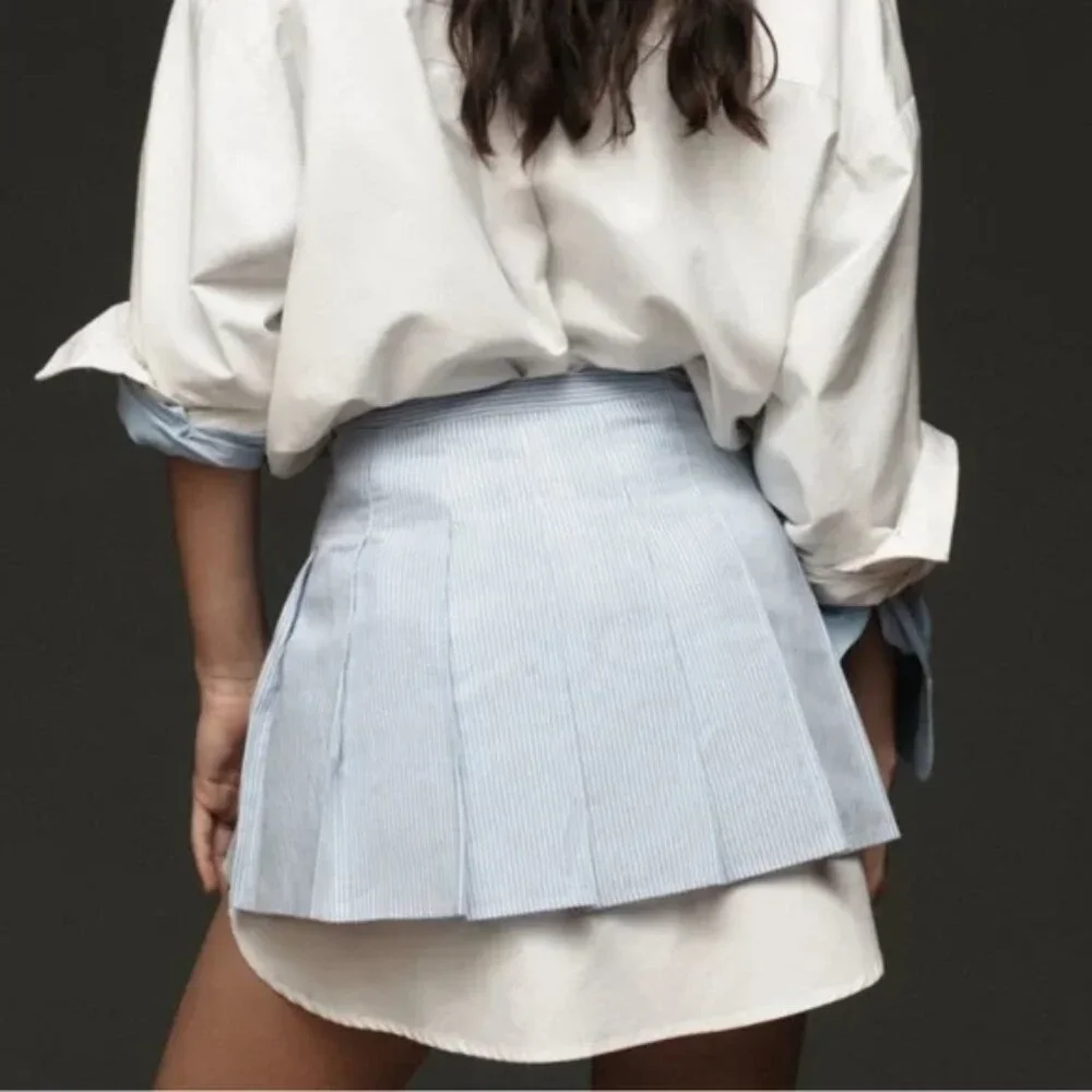 Anthropologie Sunday in Brooklyn Sport Rework White+Blue Layered Pleated Skirt - Picture 5 of 7